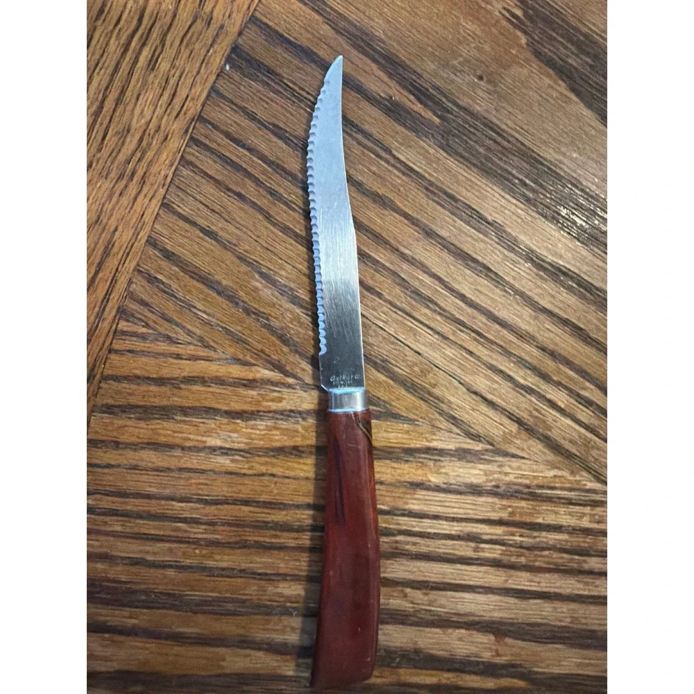 Vintage Quikut Stainless USA Serrated Steak Knife Faux Wood Handle Brown Silver